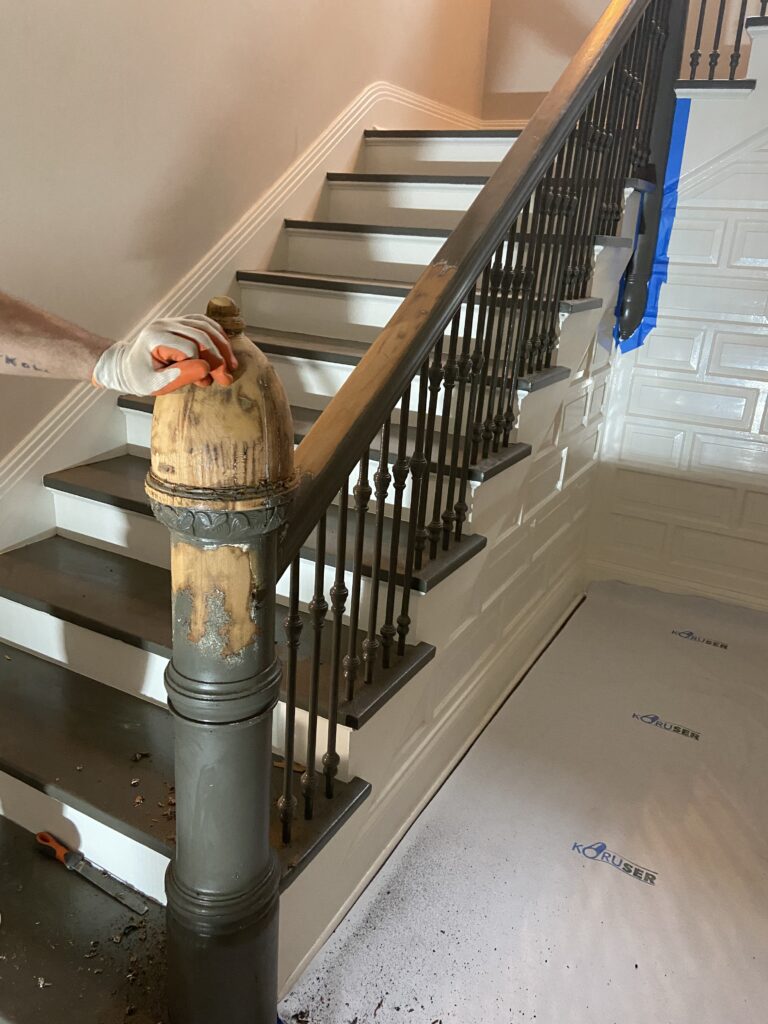 Stripping the stairs in a Chicago 1890 Queen Anne Victorian home.